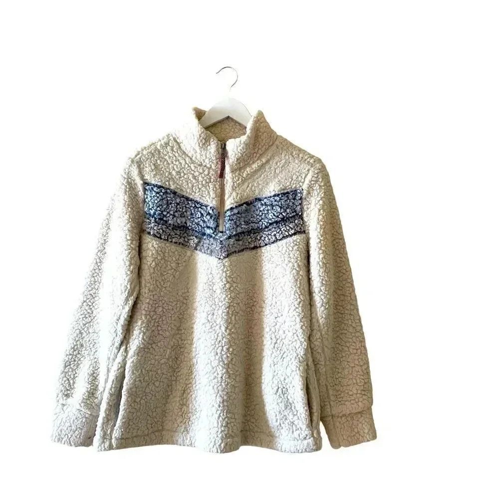 Weatherproof Vintage Fleece Faux Fur off White Blue Boho Soft ¼ Zip Jacket SZ M
